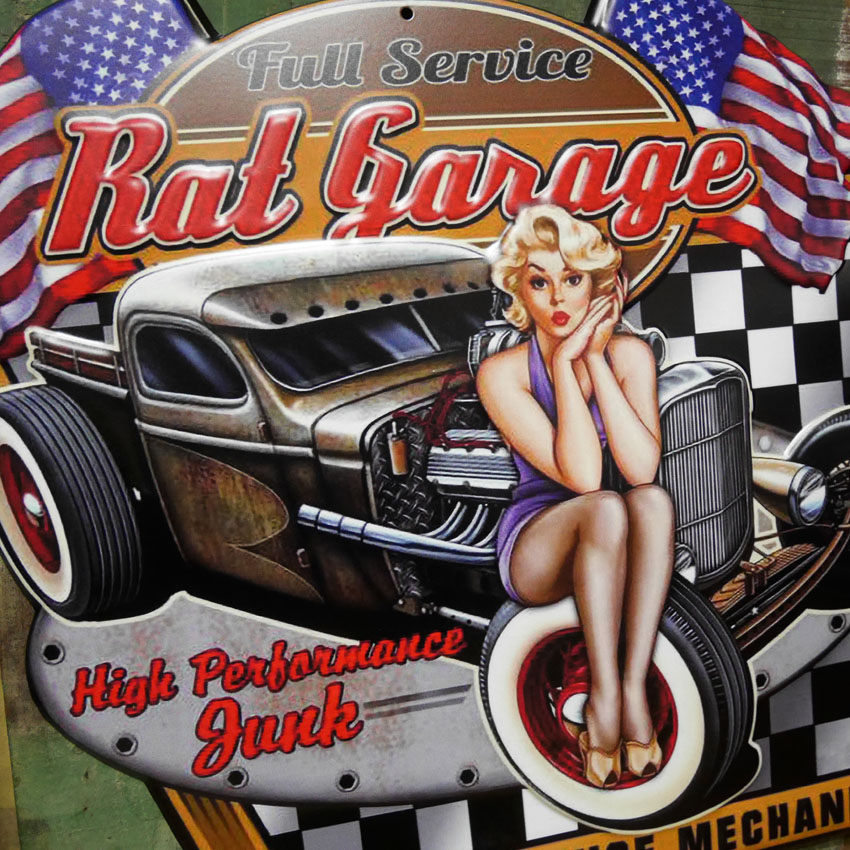 アンティークエンボスプレート Rat Garage ダイカット インテリア ブリキ看板 ピンナップガール アメリカン雑貨画像
