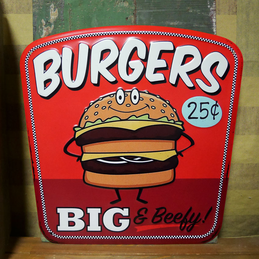 ブリキ看板 エンボスメタルサイン BURGER ハンバーガー アメリカン