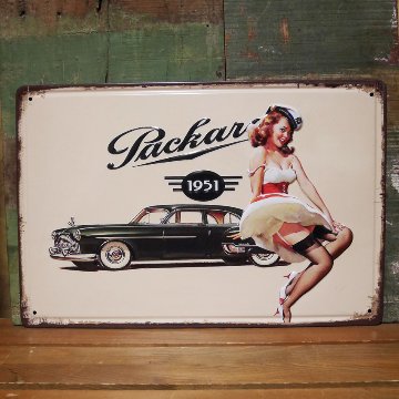 アンティーク メタル エンボス プレート Packard 1951 ブリキ看板 ピンナップガール インテリア A4サイズ　アメリカン雑貨画像