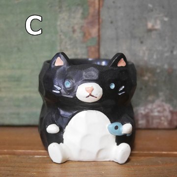 ネコ リトルレジンポット  猫プランター 鉢 グリーンポット ガーデニング雑貨画像
