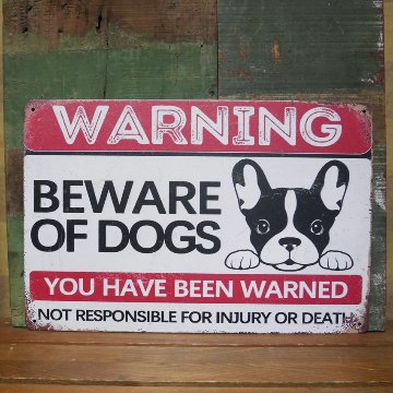 WARNING BEWARE OF DOGS アメリカン サインボード A4 インテリア 犬に注意 サインプレート 　ブリキ看板 アメリカン雑貨の画像