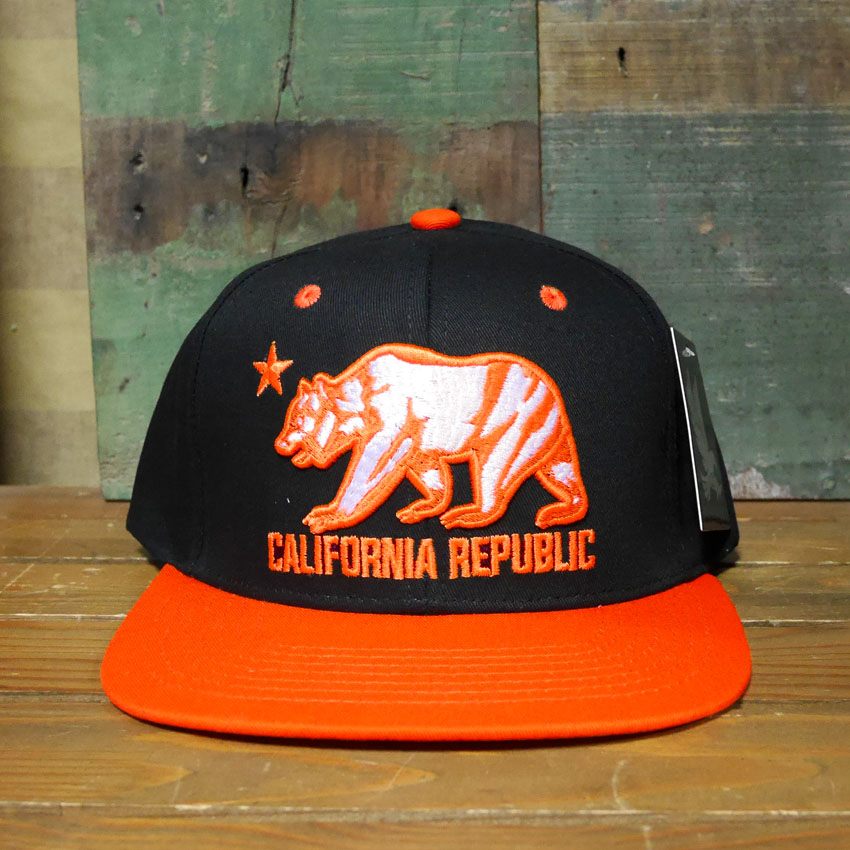 フラット バイザー キャップ CALIFORNIA REPUBLIC CALI BEAR ブラック ＆ オレンジ 帽子 アメカジ　アメリカン雑貨の画像