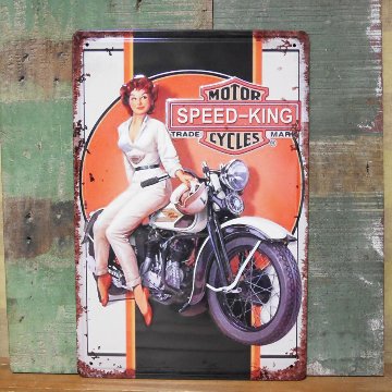 ブリキ看板SPEED KING LADY A4サイズ エンボスティンプレート　ピンナップガール　アメリカン雑貨の画像