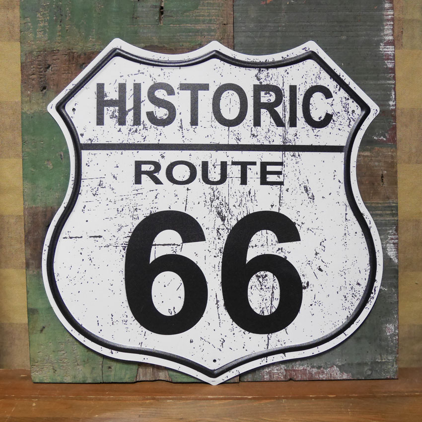 ルート66 アンティークプレート HISTORIC ROUTE66 ブリキ看板ホワイト US66 アメリカン雑貨の画像