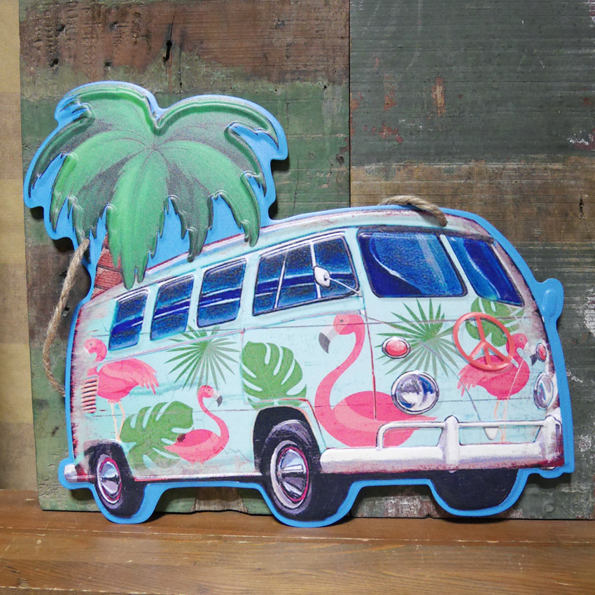 アンティークエンボスプレート　フラミンゴワゴン ハワイアン ブリキ看板 ガレージインテリア　アメリカン雑貨の画像
