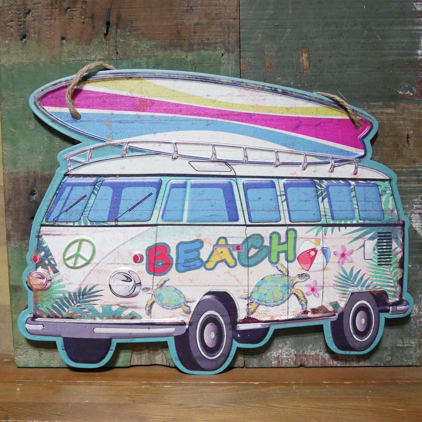 アンティークエンボスプレート　サーフワゴン ハワイアン ブリキ看板 ガレージインテリア　アメリカン雑貨の画像