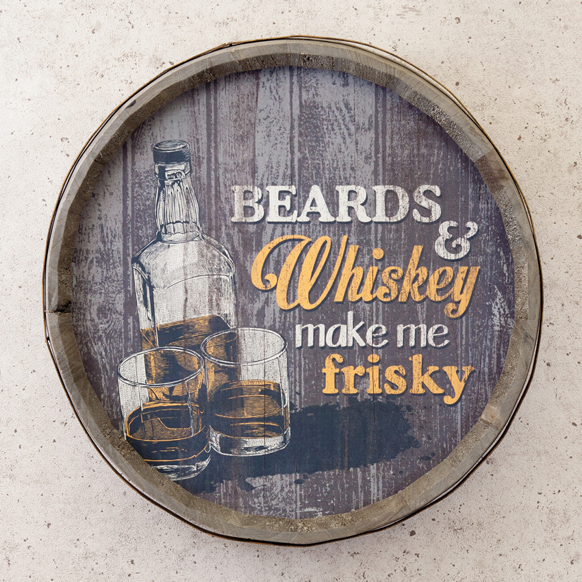 バレルトップウォールサイン Whiskey make me frisky バレルサイン 樽型 木製看板 インテリア アメリカンインテリア の画像