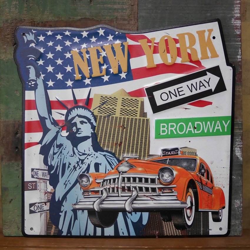 アンティークエンボスプレートNEW YORK ONE WAY インテリア ダイカット ブリキ看板 ニューヨーク  アメリカン雑貨の画像