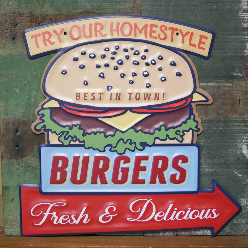 フードサイン ハンバーガー エンボスブリキ看板 HOME STYLE BURGERS　ティンサイン　アメリカン雑貨の画像