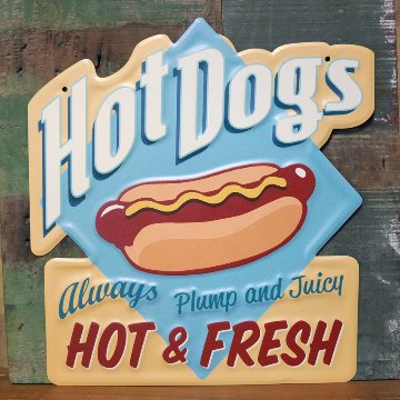 フードサイン ホットドッグ エンボスブリキ看板 Plump and Juicy Hot Dogs　ティンサイン　アメリカン雑貨の画像