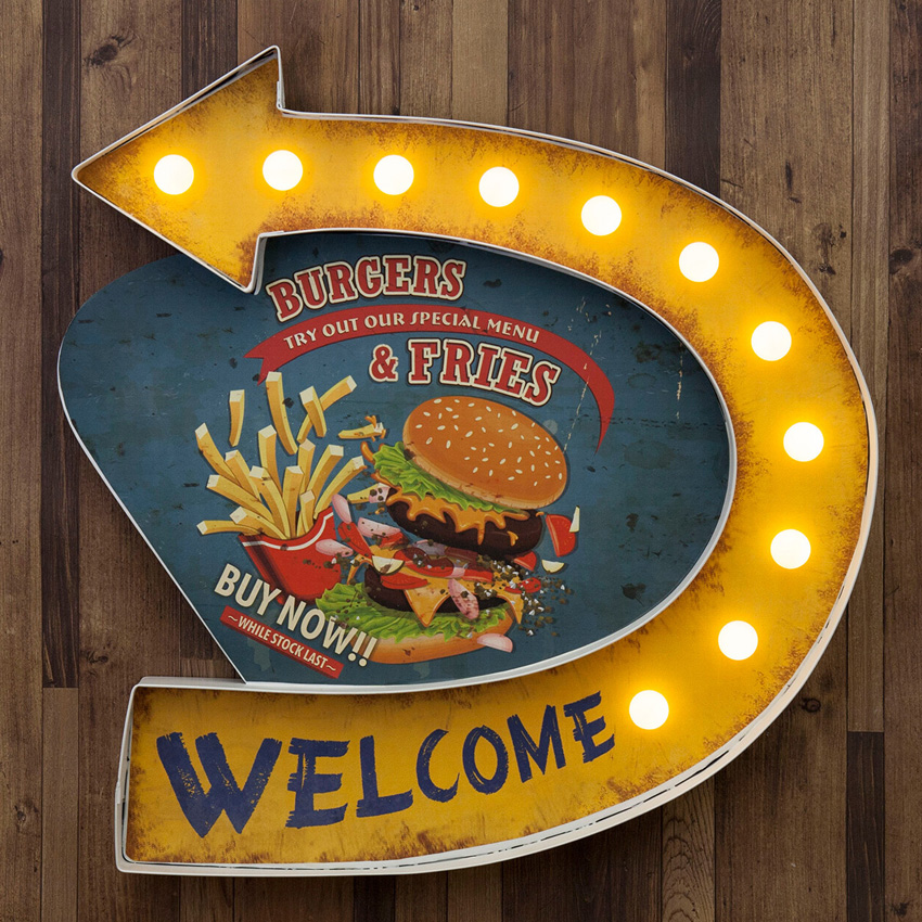 アメリカンクラシック LED Sign BURGERS & FRIES ハンバーガー フライドポテト ネオンサイン ウォールインテリア アメリカン雑貨の画像