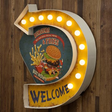 アメリカンクラシック LED Sign BURGERS & FRIES ハンバーガー フライドポテト ネオンサイン ウォールインテリア アメリカン雑貨の画像