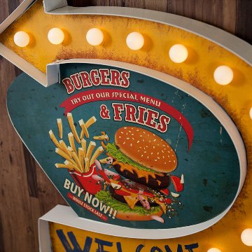 アメリカンクラシック LED Sign BURGERS & FRIES ハンバーガー フライドポテト ネオンサイン ウォールインテリア アメリカン雑貨の画像