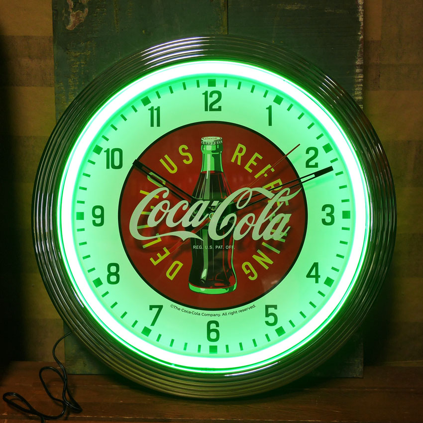 コカコーラ ネオンクロック インテリア 　coca-cola COKE GREEN ダイナー 掛け時計 アメリカン雑貨の画像