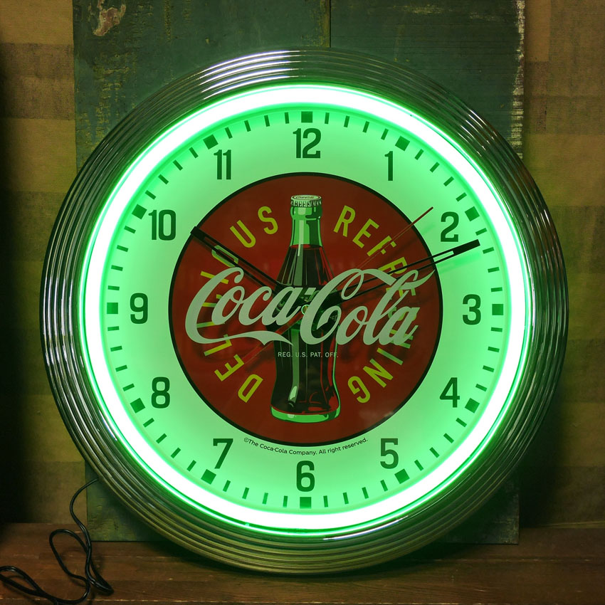 コカコーラ ネオンクロック インテリア 　coca-cola COKE GREEN ダイナー 掛け時計 アメリカン雑貨の画像