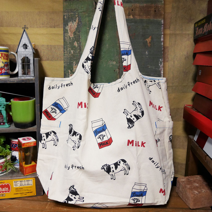 アンドパッカブル MBO マルシェバッグ ANDPACKABLE MILKパターンNT レジバッグ エコバッグ　アメリカン雑貨の画像