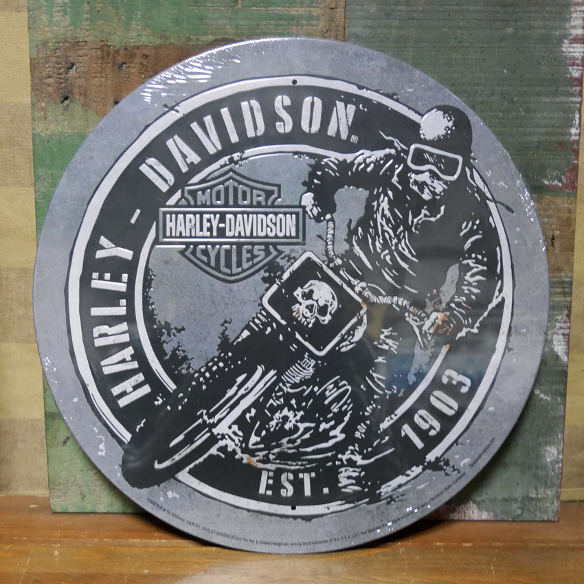 ハーレーダビッドソン ラウンドブリキ看板 ダートトラックレーサーロゴ エンボスティンサイン アメリカン雑貨の画像