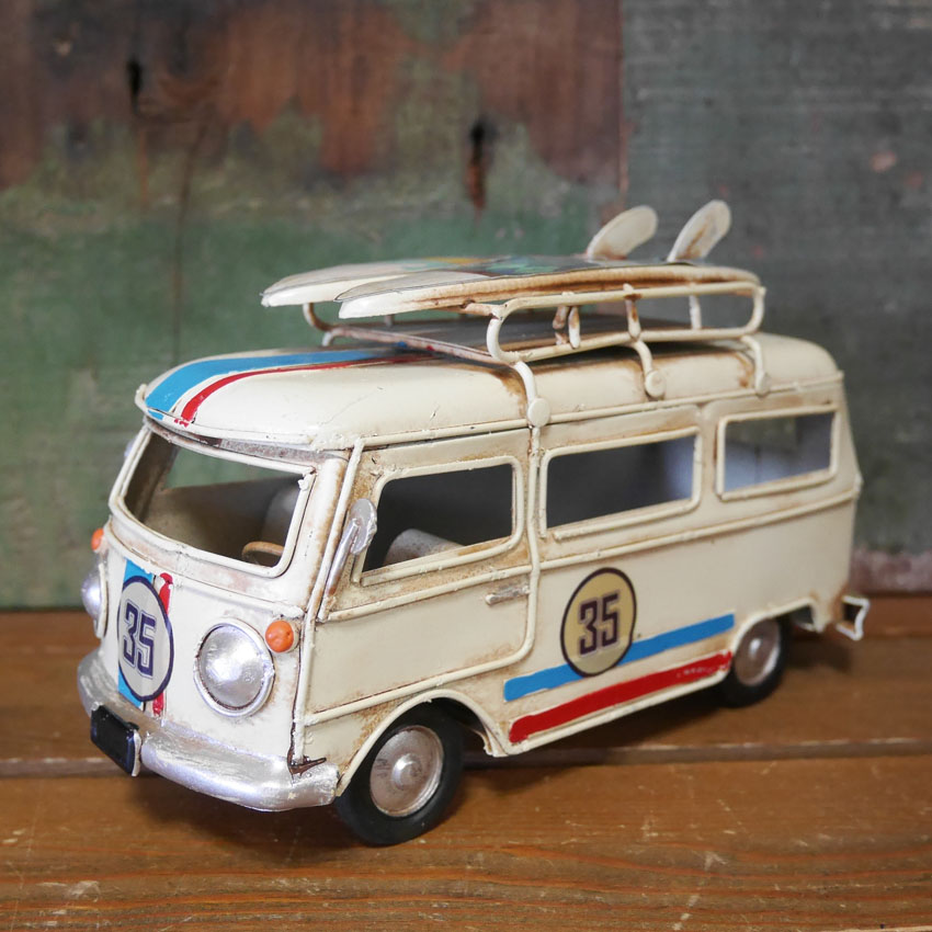 ノスタルジックデコ サーフワゴン アイボリー ハワイアン ブリキのおもちゃ ブリキ製自動車 アメリカン雑貨の画像