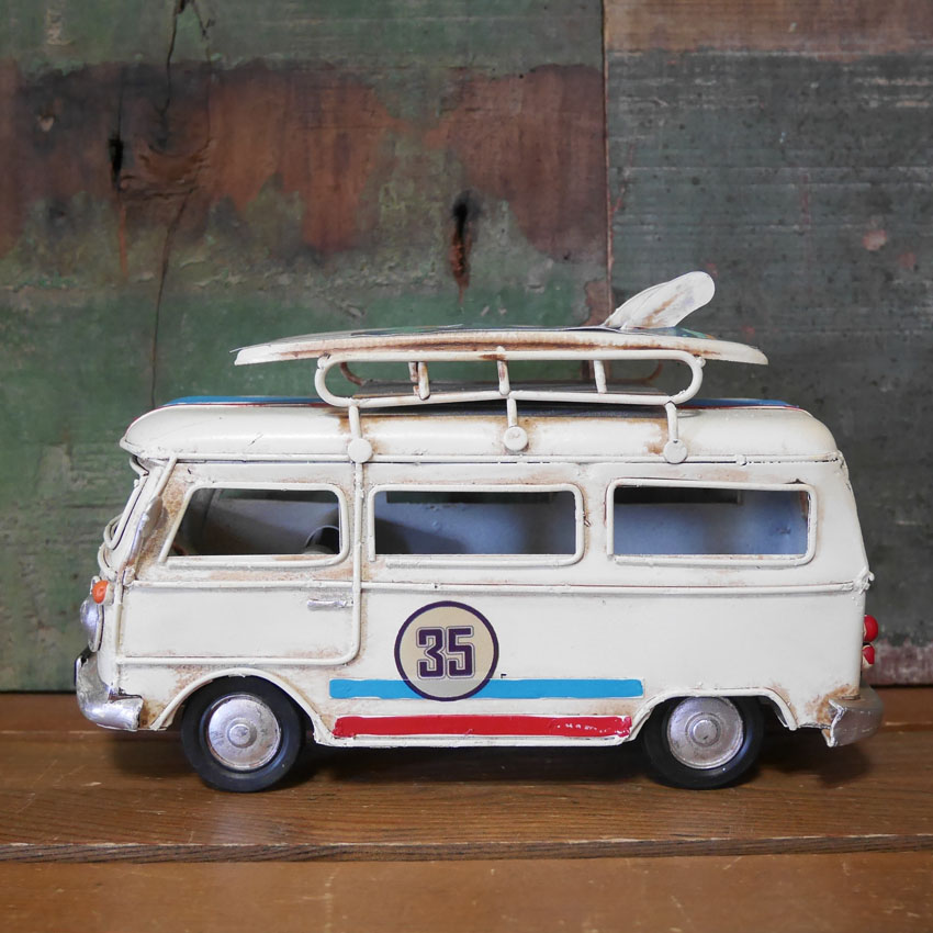 ノスタルジックデコ サーフワゴン アイボリー ハワイアン ブリキのおもちゃ ブリキ製自動車 アメリカン雑貨の画像