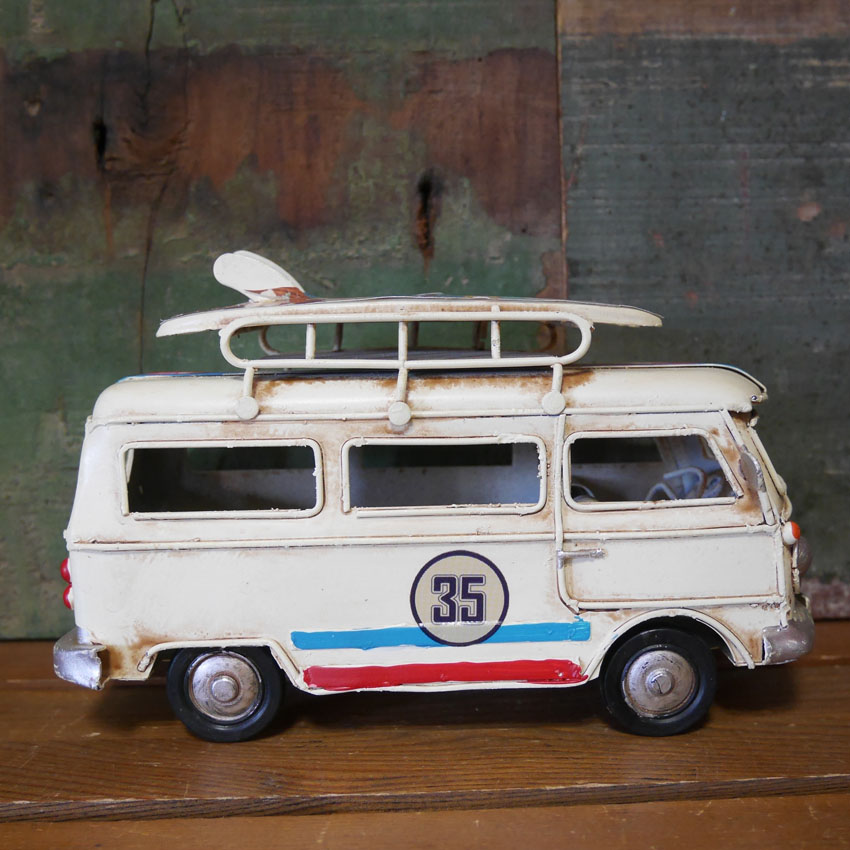 ノスタルジックデコ サーフワゴン アイボリー ハワイアン ブリキのおもちゃ ブリキ製自動車 アメリカン雑貨の画像