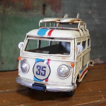 ノスタルジックデコ サーフワゴン アイボリー ハワイアン ブリキのおもちゃ ブリキ製自動車 アメリカン雑貨の画像