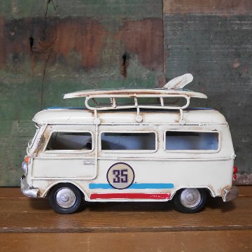 ノスタルジックデコ サーフワゴン アイボリー ハワイアン ブリキのおもちゃ ブリキ製自動車 アメリカン雑貨の画像