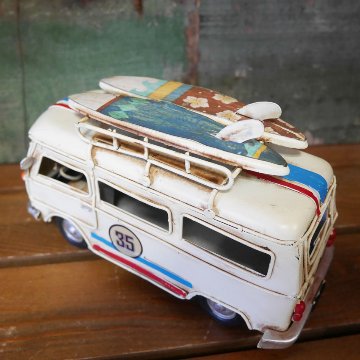 ノスタルジックデコ サーフワゴン アイボリー ハワイアン ブリキのおもちゃ ブリキ製自動車 アメリカン雑貨の画像