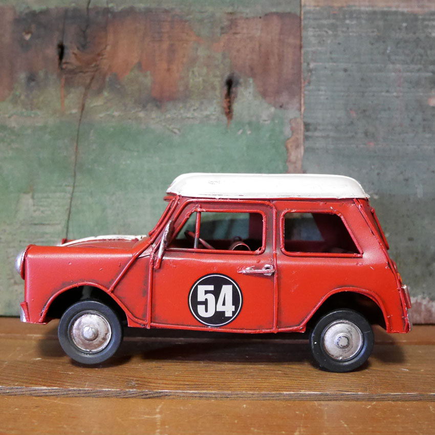 ノスタルジックデコ ＭＣレーシング ブリキのおもちゃ　ミニクーパー ブリキ製自動車 アメリカン雑貨の画像