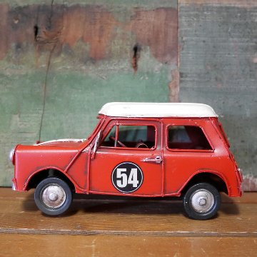 ノスタルジックデコ ＭＣレーシング ブリキのおもちゃ　ミニクーパー ブリキ製自動車 アメリカン雑貨の画像