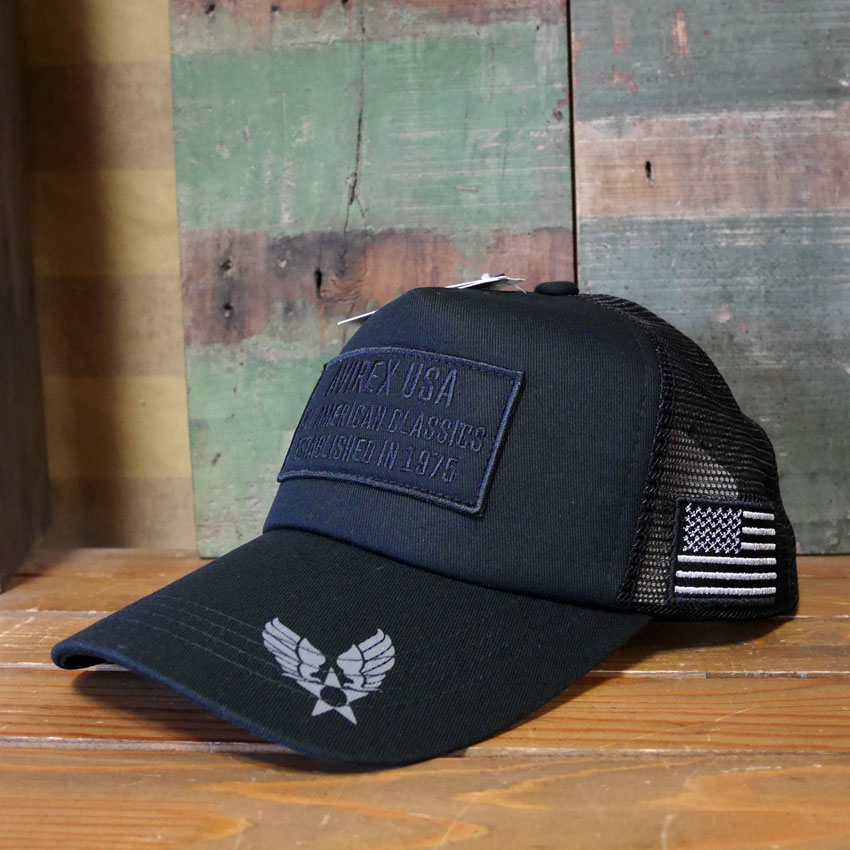 AVIREX　ミリタリー パッチ メッシュキャップ ブラック 帽子 MILITARY PATCH  アヴィレックス ミリタリーアメカジ　アメリカン雑貨の画像