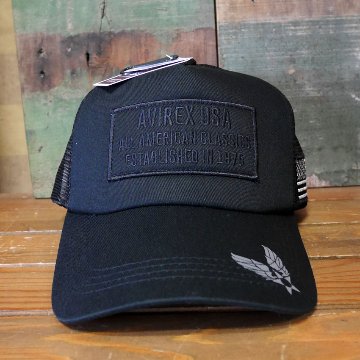 AVIREX　ミリタリー パッチ メッシュキャップ ブラック 帽子 MILITARY PATCH  アヴィレックス ミリタリーアメカジ　アメリカン雑貨の画像
