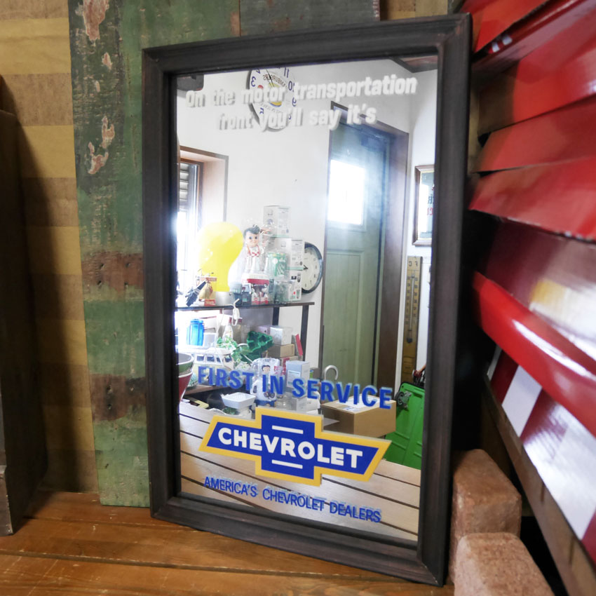 CHEVROLET ウッド パブミラー BOWTIE インテリア ウォールミラー 鏡 シボレー アメリカン雑貨の画像