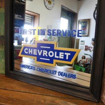 CHEVROLET ウッド パブミラー BOWTIE インテリア ウォールミラー 鏡 シボレー アメリカン雑貨の画像