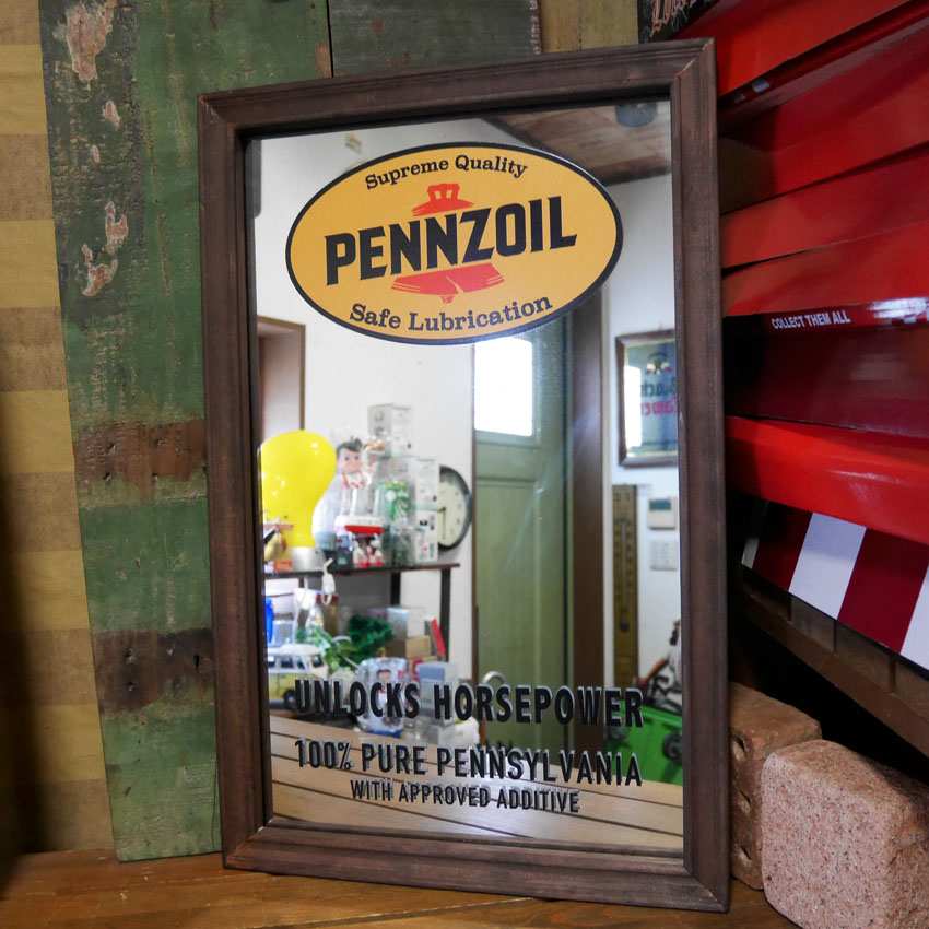 PENNZOIL ウッド パブミラー LUBRICATION インテリア ウォールミラー 鏡 ペンズオイル  アメリカン雑貨の画像