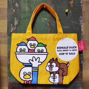 ドナルド＆チップとデール カラーマチ付きバッグ イエロー Disney ディズニー 松本セイジ トートバッグ 手提げバッグ ランチバッグ の画像