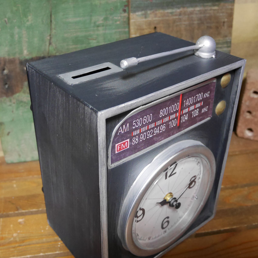 ビンテージ テーブルクロック ラジオ 貯金箱 置時計 バンク アントレックス アメリカン雑貨の画像
