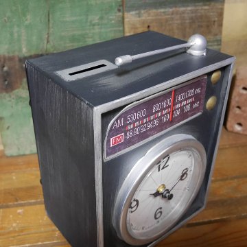 ビンテージ テーブルクロック ラジオ 貯金箱 置時計 バンク アントレックス アメリカン雑貨の画像