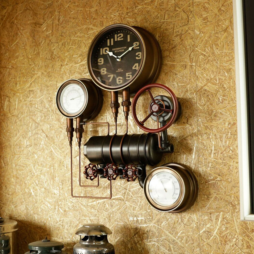 ビンテージウォールクロック ブラック スチームパンク 掛け時計 スチーム管 スチームメーター アントレックス アメリカン雑貨の画像