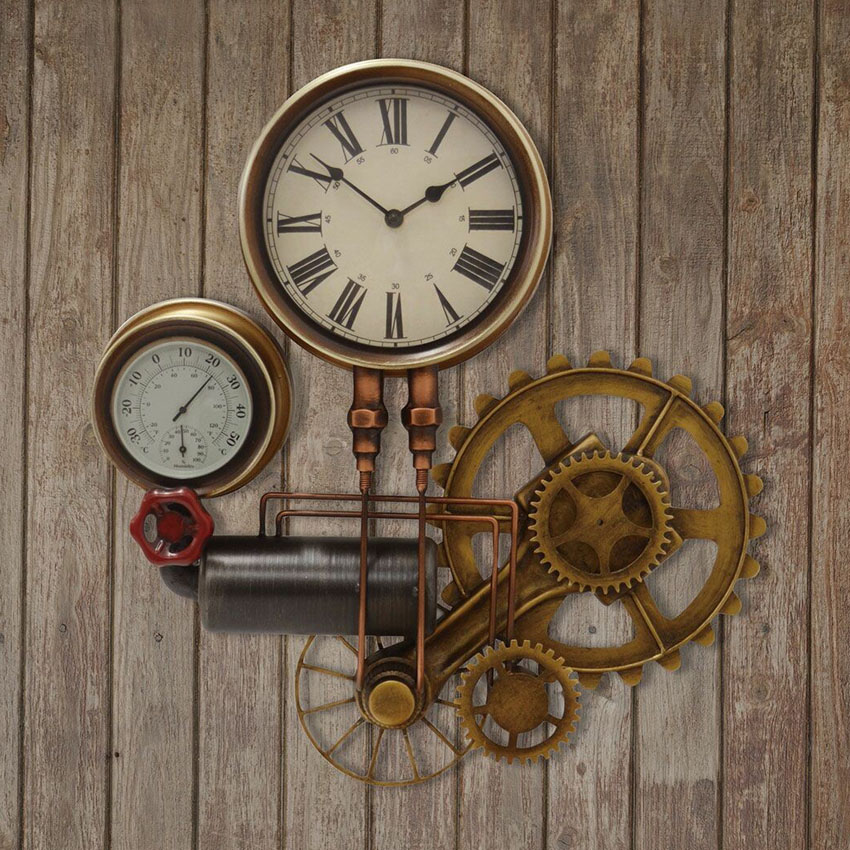 ビンテージウォールクロック ホワイト スチームパンク 掛け時計 スチーム管 スチームメーター アントレックス アメリカン雑貨の画像