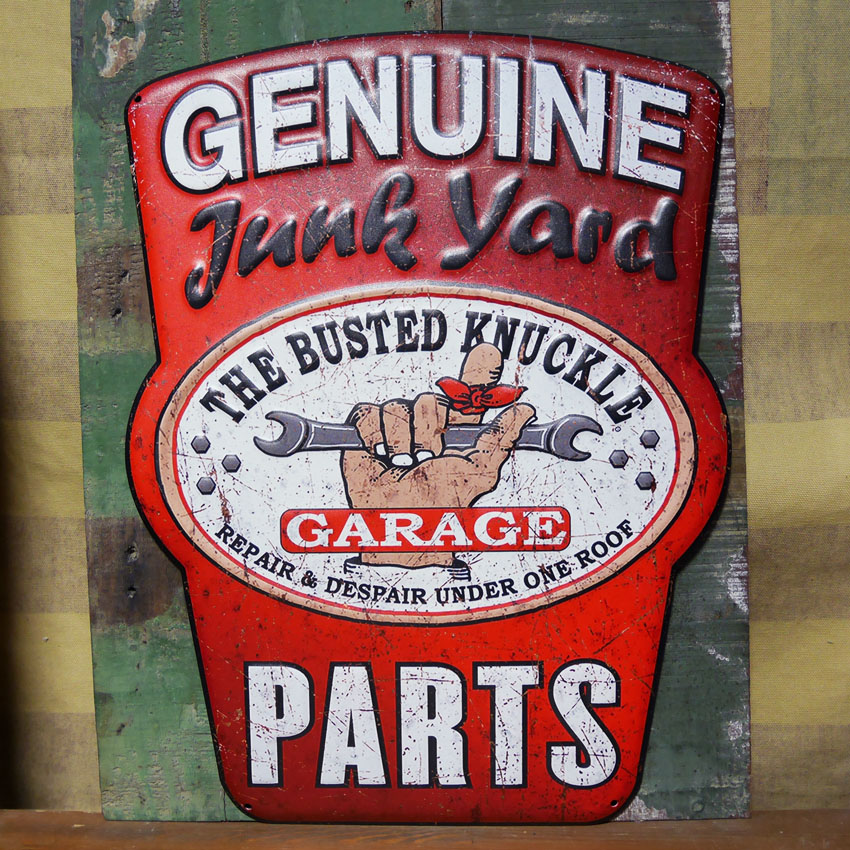 アンティークエンボスプレート GENUINE Junk Yard PARTS ガレージ インテリア ブリキ看板 アメリカン雑貨の画像