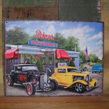 アンティークプレート Diner WELCOME ガレージ インテリア ダイナー ホットロッド ブリキ看板 アメリカン雑貨の画像