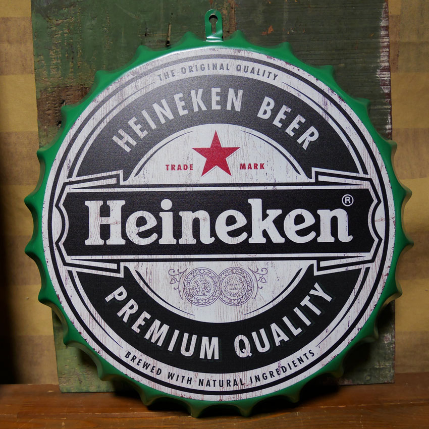 ハイネケン ダメージ仕上げボトルキャップサイン Heineken インテリア ボトルキャップ型 ブリキ看板 アメリカン雑貨の画像