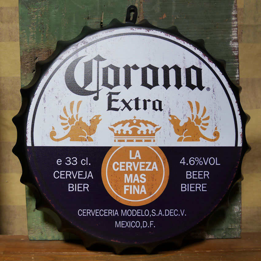 コロナビール ダメージ仕上げボトルキャップサイン CORONA インテリア ボトルキャップ型 ブリキ看板 アメリカン雑貨の画像