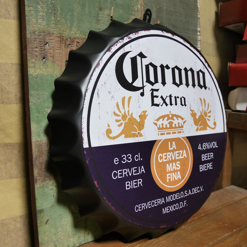 コロナビール ダメージ仕上げボトルキャップサイン CORONA インテリア ボトルキャップ型 ブリキ看板 アメリカン雑貨の画像
