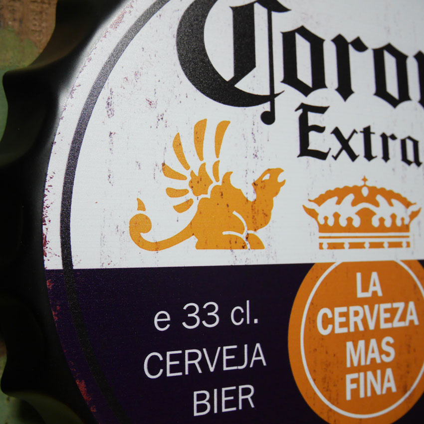 コロナビール ダメージ仕上げボトルキャップサイン CORONA インテリア ボトルキャップ型 ブリキ看板 アメリカン雑貨の画像
