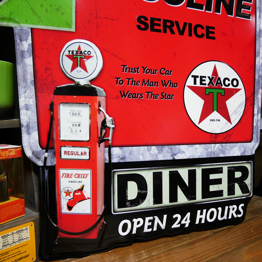 ダイカット エンボス サイン TEXACO GASOLINE SERVICE インテリア DINER テキサコ ブリキ看板 アメリカン雑貨の画像