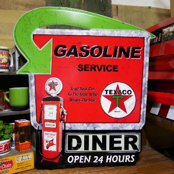 ダイカット エンボス サイン TEXACO GASOLINE SERVICE インテリア DINER テキサコ ブリキ看板 アメリカン雑貨の画像