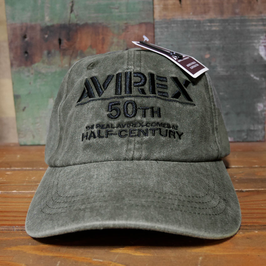 AVIREX 50周年 アニバーサリー キャップ 50th ANNIVERSARY LOGO PIGMENTCAP カーキ アヴィレックス 帽子 ミリタリー　アメカジ　アメリカン雑貨の画像
