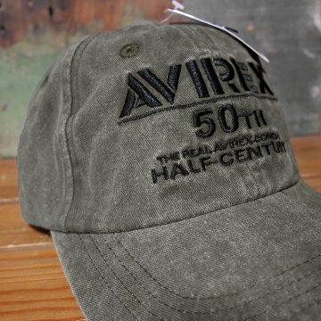 AVIREX 50周年 アニバーサリー キャップ 50th ANNIVERSARY LOGO PIGMENTCAP カーキ アヴィレックス 帽子 ミリタリー　アメカジ　アメリカン雑貨の画像
