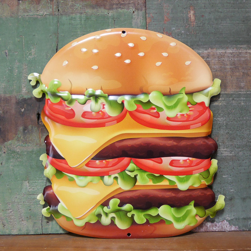 フードサイン ハンバーガー エンボスブリキ看板　ティンサイン　アメリカン雑貨の画像